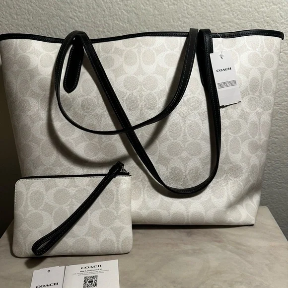Authentic Coach White and Black Large Tote Bag with a Matching Zip Wristle